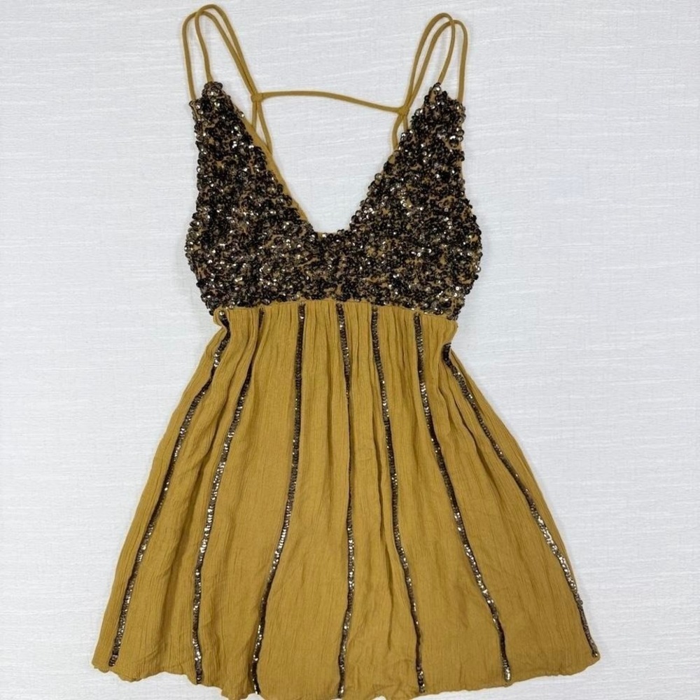 Free People Embellished Sequin Boho Festival Tunic Mini Dress XS Fairy Top